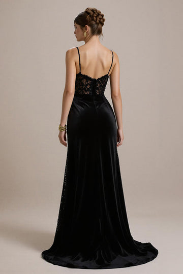 Black Velvet A Line Corset Long Formal Dress with Lace